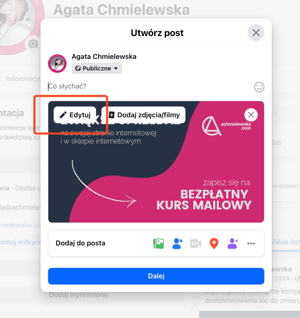 dodawanie tekstu alternatywnego na facebooku - kliknij w przycisk edytuj na grafice